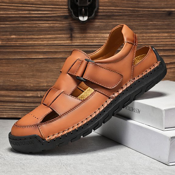 Men's Closed Toe Back Strap Leather Sandals, Adjustable Hook Loop Hand Stitched Casual Outdoor Shoes