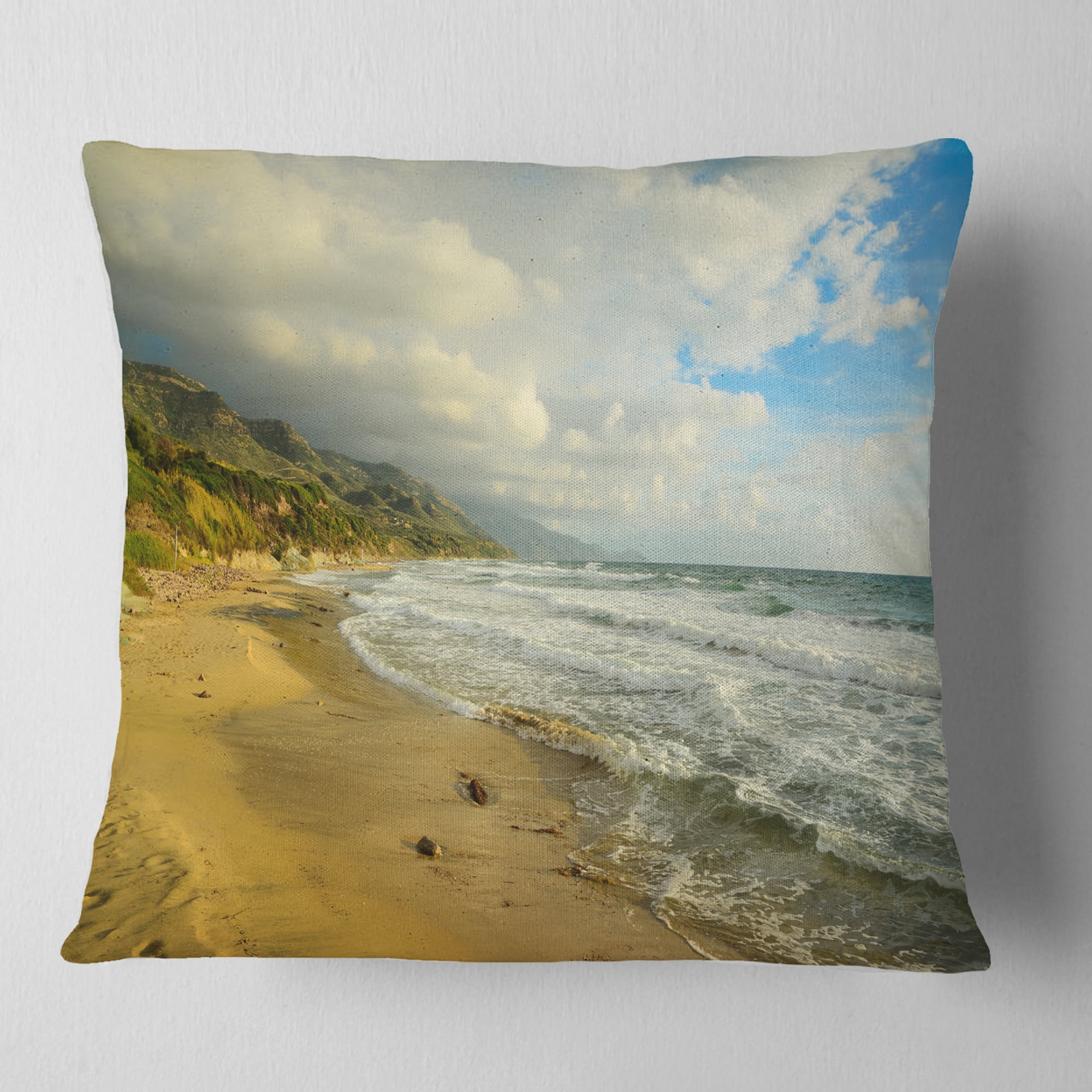 Designart Waves Meet Sand - Landscape Photography Throw Pillow - 16x16