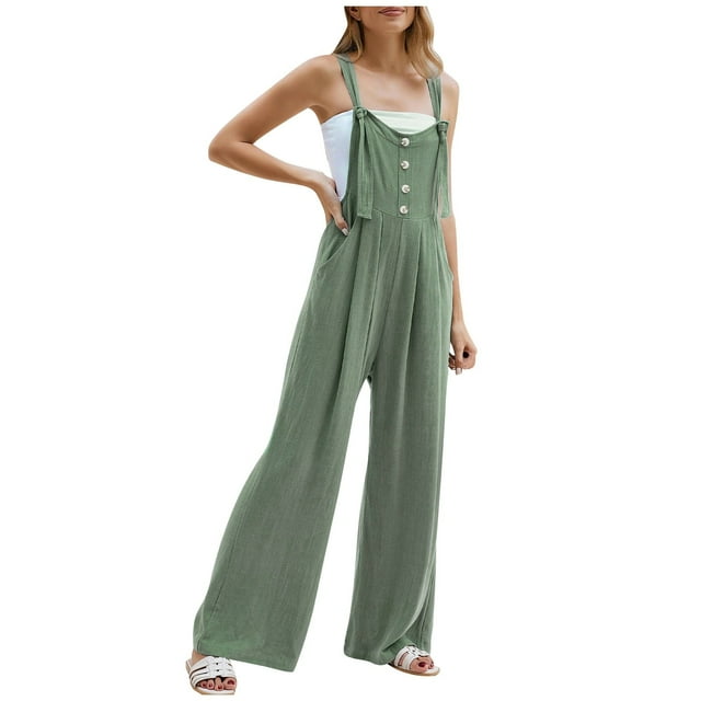 2DXuixsh Rompers for Women Women's Solid Color Buttoned Strap Jumpsuit Sleeveless Pantsuit Romper Wide Leg Loose Jumpsuit Rompers Green Size M