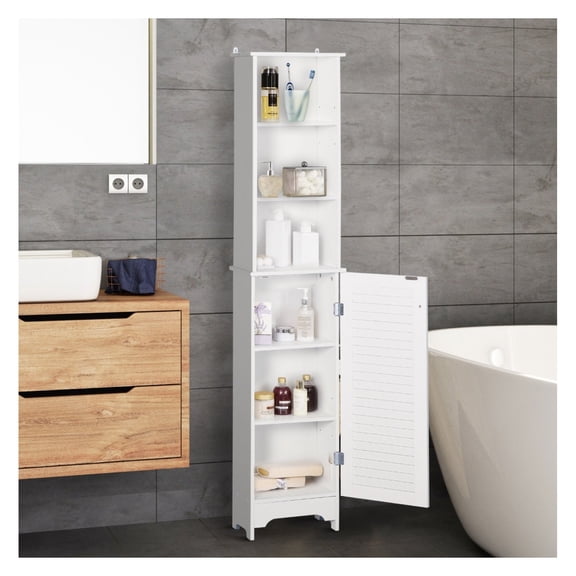 Bathroom Linen Tower, Tall Bathroom Storage Cabinet with Adjustable Shelves, Freestanding Organizer, White