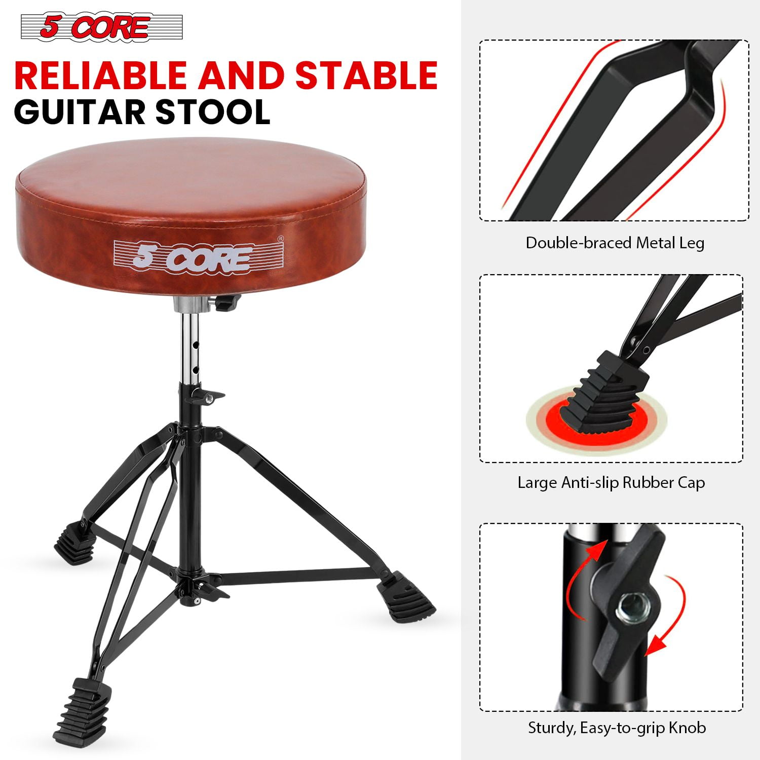 5 Core Drum Throne 3" Thick Padded Guitar Stool 200Lb Capacity Heavy Duty Adjustable Drummer Chair