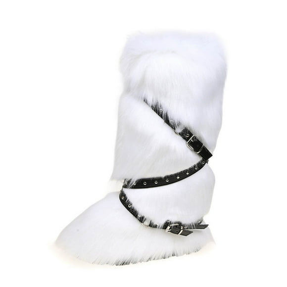 Xfvqtps Womens Winter Snow Boots Knee High with Buckle Strap Detail Faux Leather Faux Fur Lined Warm Boots Fashion Y2K Platform Boots for Streetwear White
