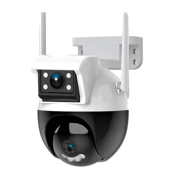 camara wifi doble lente elegate hd seguimiento humano cámara de seguridad blanca montada en pared con doble lente: unidad rectangular superior con LEDs y lente y cúpula giratoria inferior con lente negra, antenas externas y soporte de montaje, usada a menudo para vigilancia y monitorización de mascotas.
