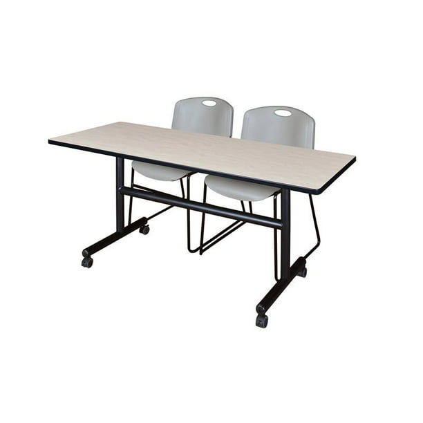 60" x 30" Flip Top Mobile Training Table Maple and 2 Zeng Stack Chairs
