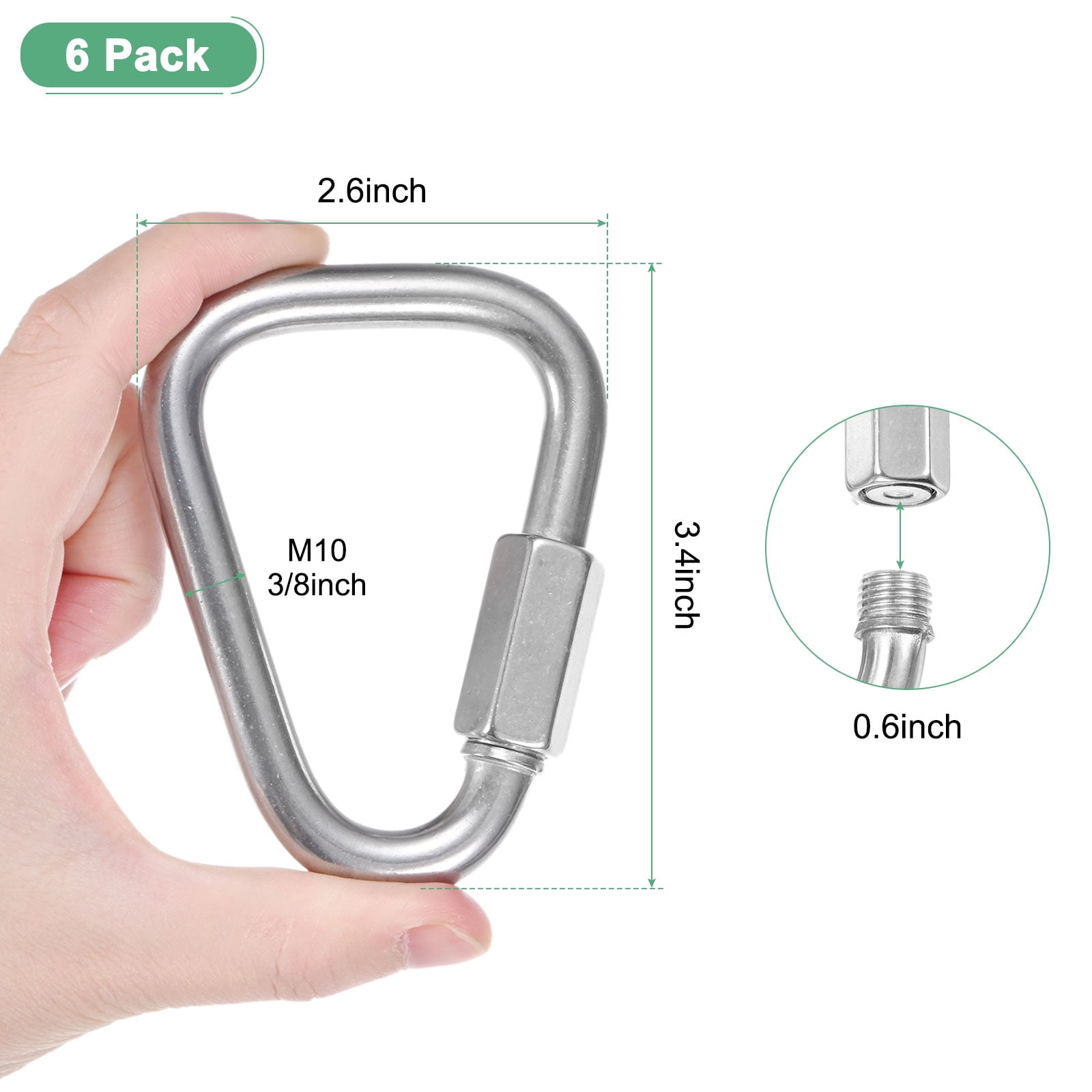 6-Pack Quick Chain Link Connector, M10 3/8" 304 Stainless Steel Triangle Locking Repair Chain Links for Swing/Camping/Hiking/Backpack, Twist Key Ring Screw Chain Link [Silver]