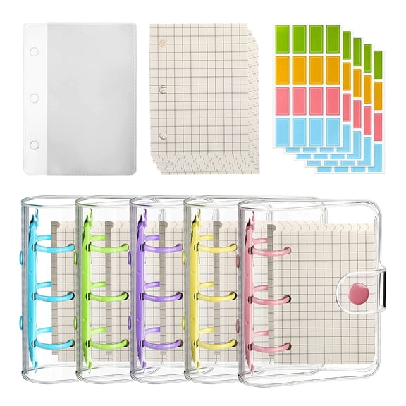ROZYARD 5 Sets Clear Mini 3 Rings Binder Covers with Paper for DIY Loose Leaf Notebook
