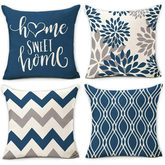 Blue Pillow Covers 18x18 Set of 4, Geometric Throw Pillow Covers - Decorative Couch Pillow Cover for Sofa, Cushion Case Outdoor Home Decoration