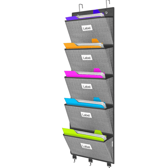 homyfort Over the Door File Organizer Hanging File Folders, Wall Organizers and Storage for Mail, Magazine, Notebooks, Planners, Office, Classroom, 5 Extra Large Pockets,Grey