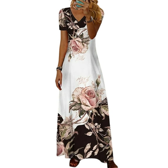 FASHIONWT Women Basic Floral Print Summer Short Sleeve Pullover Maxi Dress