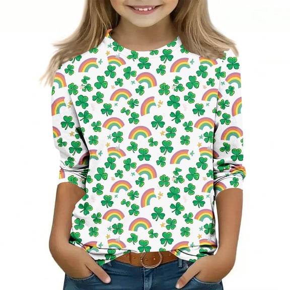 LckLvx Kids St Patricks Day Tops Cute Print 3/4 Sleeve Crewneck Shamrock Graphic Pullover Casual Blouse 3-12 Years