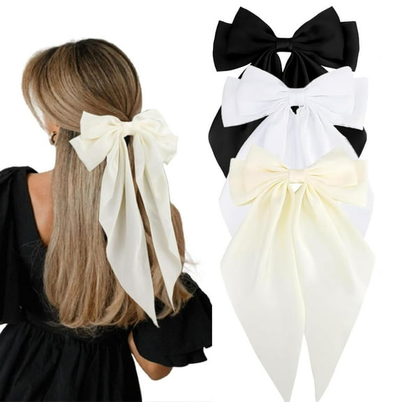 Olurrisa 2Pcs Big Bow Hair Clips, Silky Satin Hair Bow Barrettes Long Tail Hair Ribbon Accessories Elegant Hair Bows for Women Girls (White & Black & Beige)