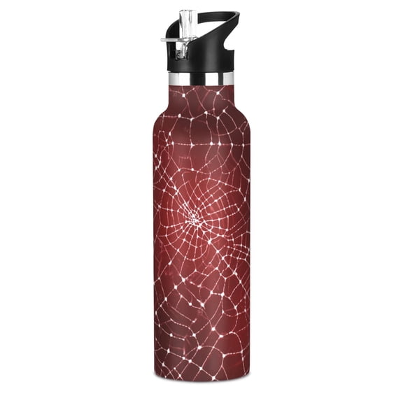 600ml Stainless Steel Water Bottle with Straw/Handle Bike Water Bottle, Red Web Printed