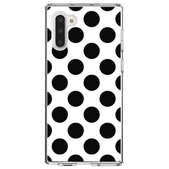 DistinctInk Clear Shockproof Hybrid Case for Samsung Galaxy Note 10 (6.3" Screen) - TPU Bumper, Acrylic Back, Tempered Glass Screen Protector - Black & White Polka Dots