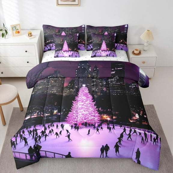 Castle Fairy Teens Christmas Tree 7-Piece Twin Bedding Sets,Roller Skating Bedding Comforter Set,Festival Xmas Breathable Sheet Sets,Lightweight Room Decor