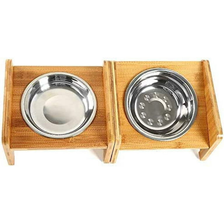 FOREYY Raised Pet Bowls for Cats and Small Dogs, Bamboo Elevated Dog Cat  Food and Water Bowls Stand Feeder with 2 Stainless Steel Bowls and Anti  Slip Feet 4'' Tall-20 oz bowl