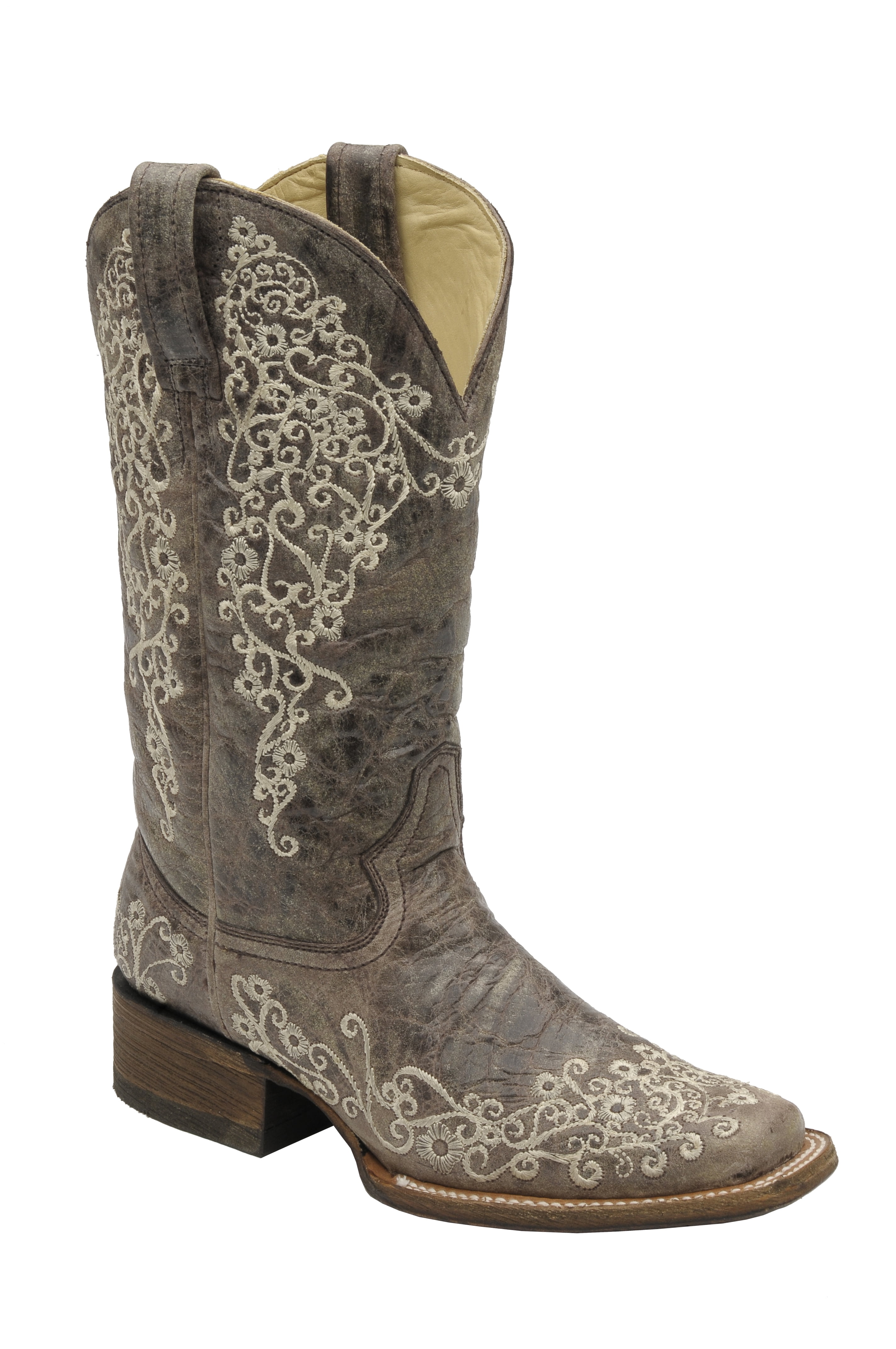 Corral Boots - Corral Womens Brown Crater Bone Embroidery Square Toe Western Boot - Walmart.com 