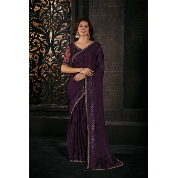 Designer Purple Resham Sequins Embroidery Silk Saree