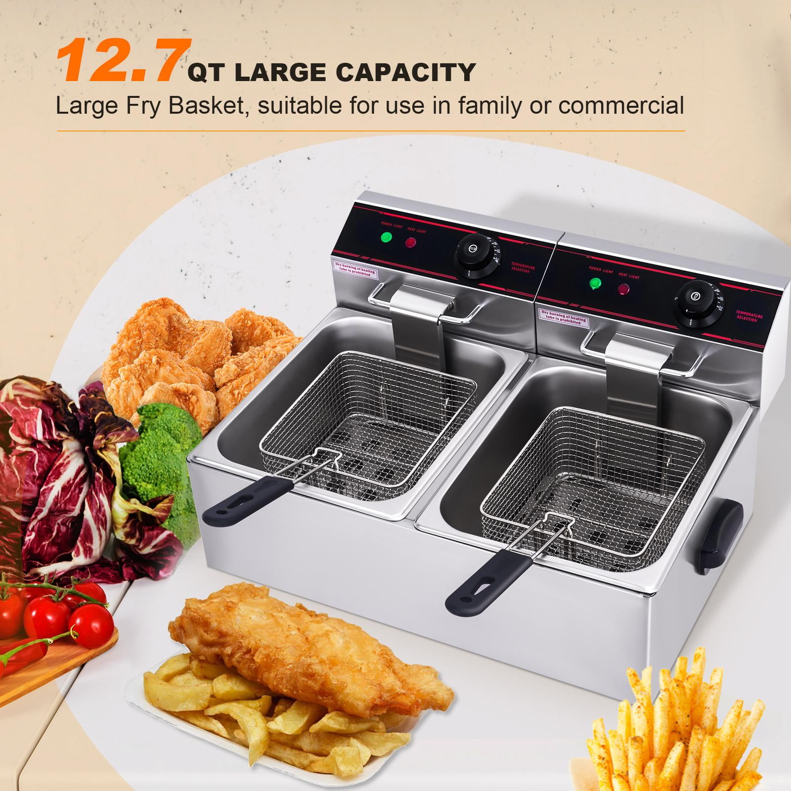 EGGKITPO Deep fryers Commercial Deep Fryer 12L x 2 Large Dual Tank Electric  Countertop Fryer for Restaurant with 2 Frying Baskets and Lids, 1800W x 2