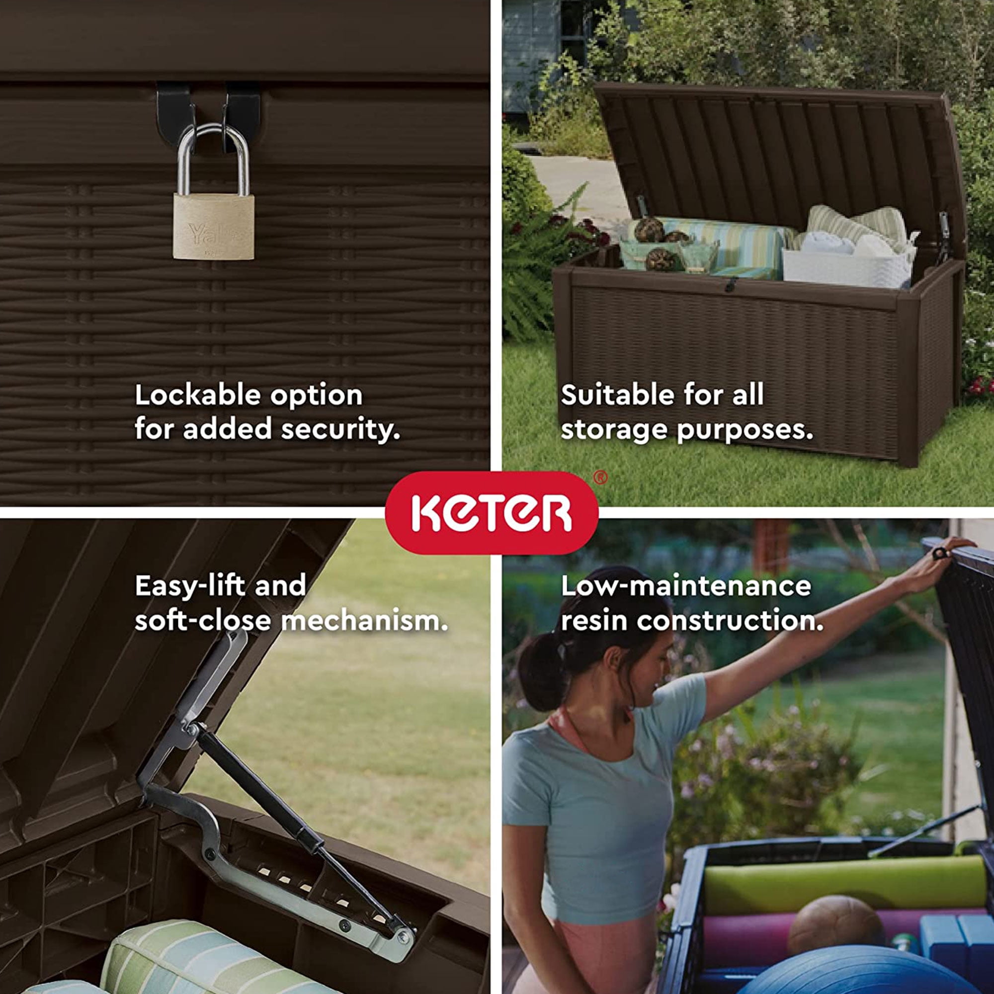 Keter Borneo 110 Gallon Rattan Wicker Resin Deck Storage Box Bench, Brown