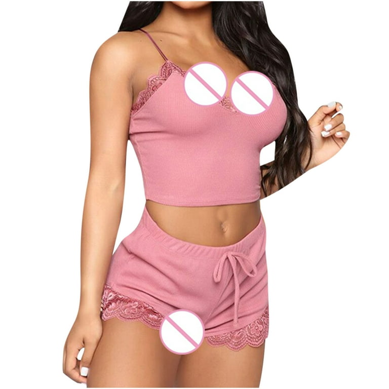 Women Pajama Set Sexy Crop Tank Tops and Lace Splicing Boyshorts Lingerie  2PC Suit Camisole Shorts Panties Outfits 