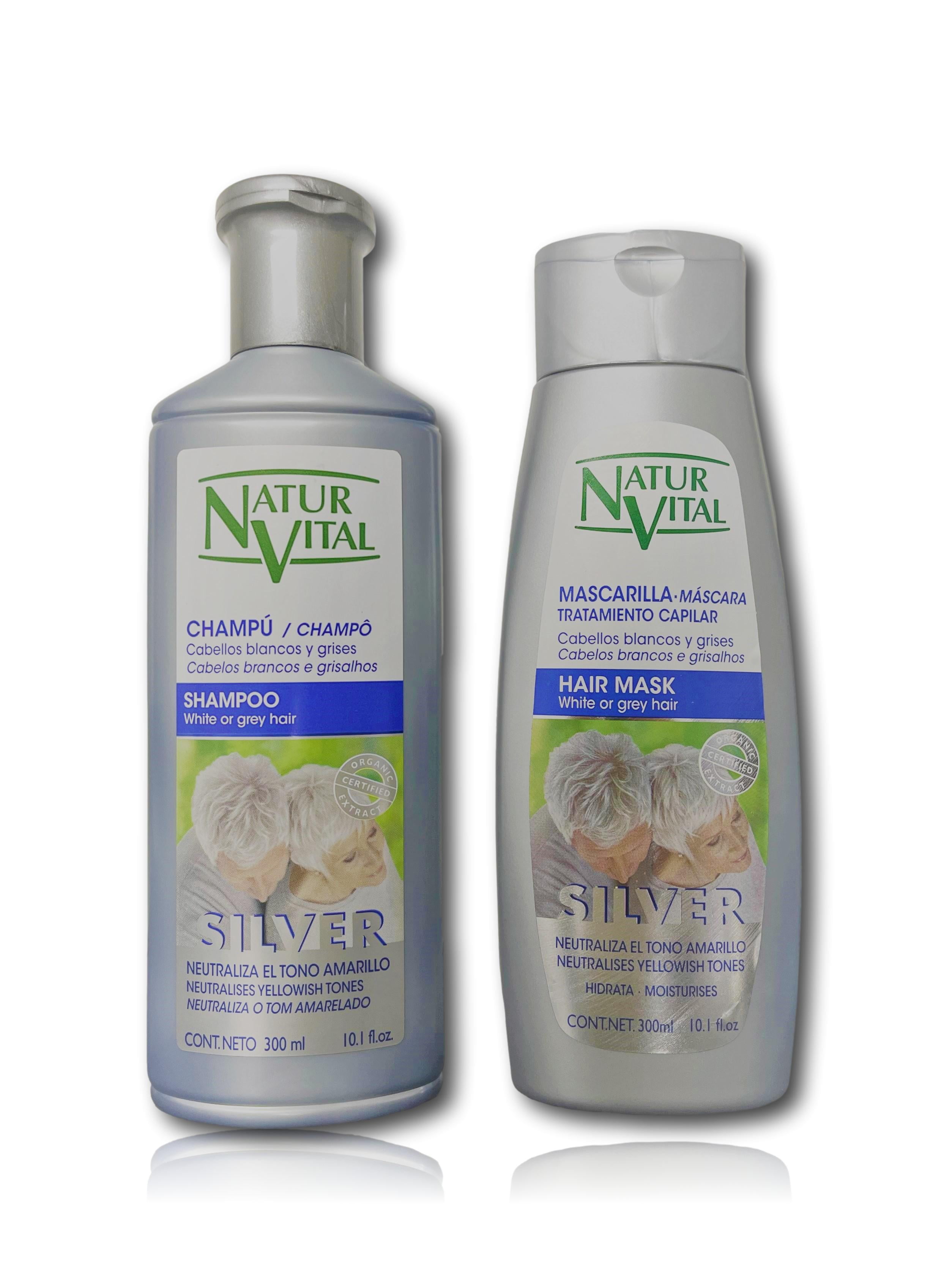 SET Natur Vital Silver/ White/ Gray Hair Shampoo and Mask - Yellowish Tones  Neutralizer -Moisturizer -With Blueberry Extract, Pro-vitamin B5 -Natural  Brightness, Smoothness and Luminosity 300 ml each 