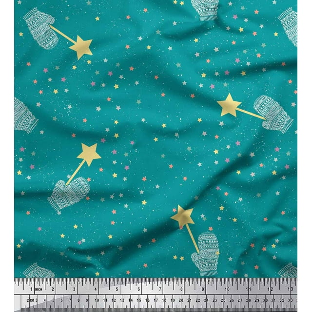Soimoi Green polyester Crepe Fabric Musical Symbol & Star Printed Fabric 1 Yard 52 Inch Wide
