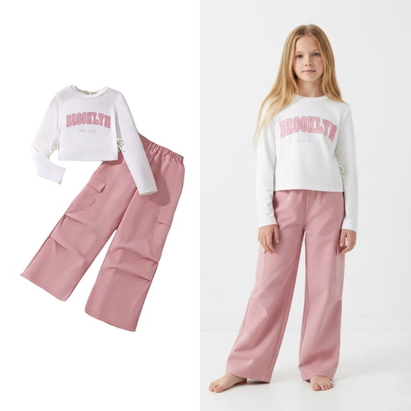 2 Piece Outfits Sets Girls Long Sleeve Letter Print T-Shirt Top and Cargo Pants Sets Spring Clothes 11-12 Years Clothes for Girls