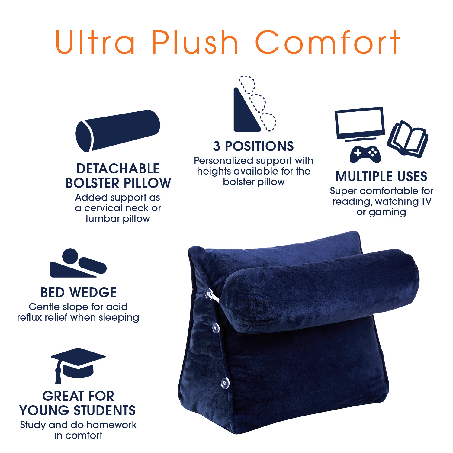 Cheer Collection Extra Large Wedge Pillow with Detachable Bolster, Navy