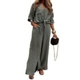 thumbnail image 6 of Women's Casual Solid Color 2-Piece Set,Outfits Rolled Up Sleeve Button Down Shirt and Wide leg Pants Set, 6 of 9