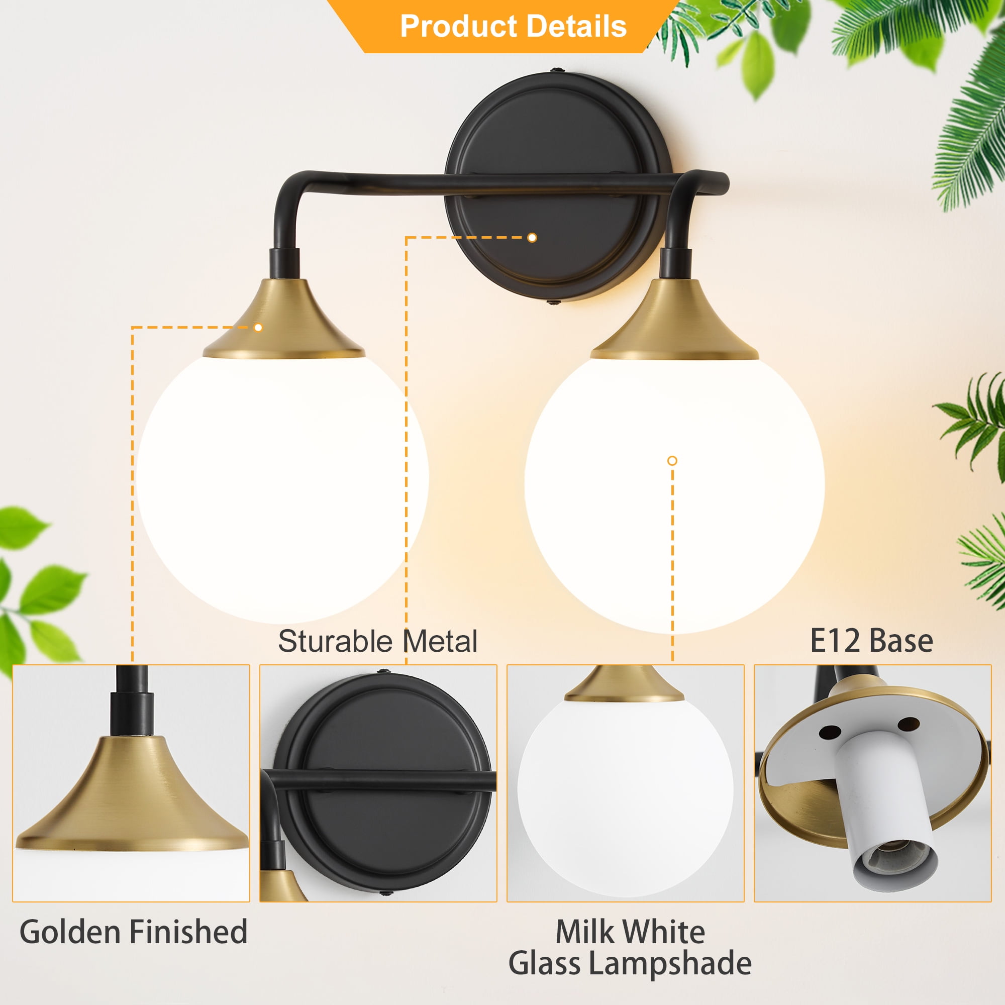 Deyidn 2-Light Black and Gold Modern Vanity Light, 14 Inch Dimmable Bathroom Light Fixture with Opal Glass Globes for Mirror