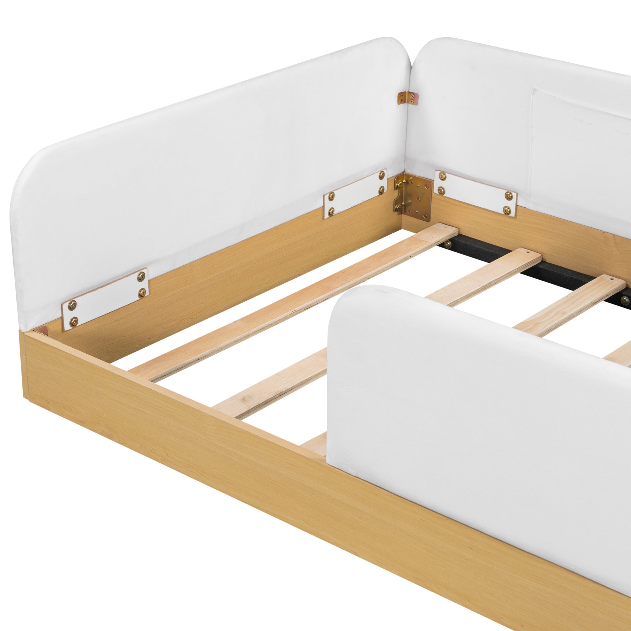 Noble House Twin Size Velvet Upholstered Platform Bed with Safety Guardrail and 3 Storage Bags, Kid Bed Frame, Natural