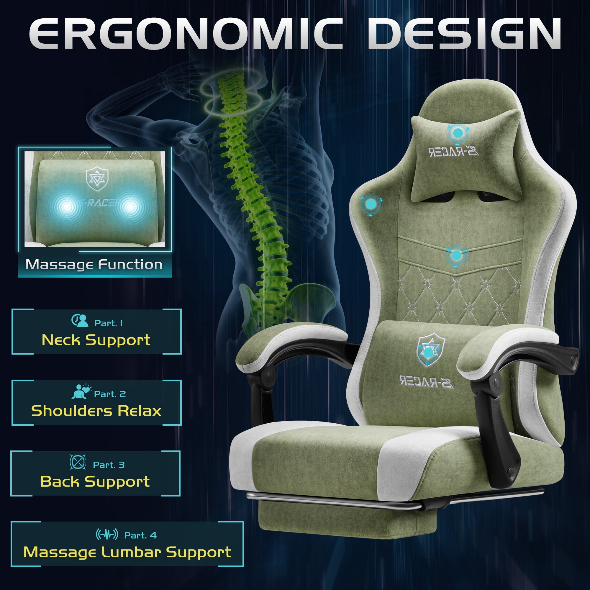 Homall Reclining Gaming Chair Premium Technical Fabric Massage Video Game Chair with Headrest, Lumber Support and Footrest, Green