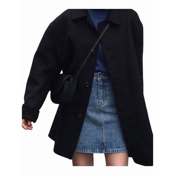 Women Casual Thicken Wool Blend Coat Long Sleeve Button Down Outwear with Pocket Black XL