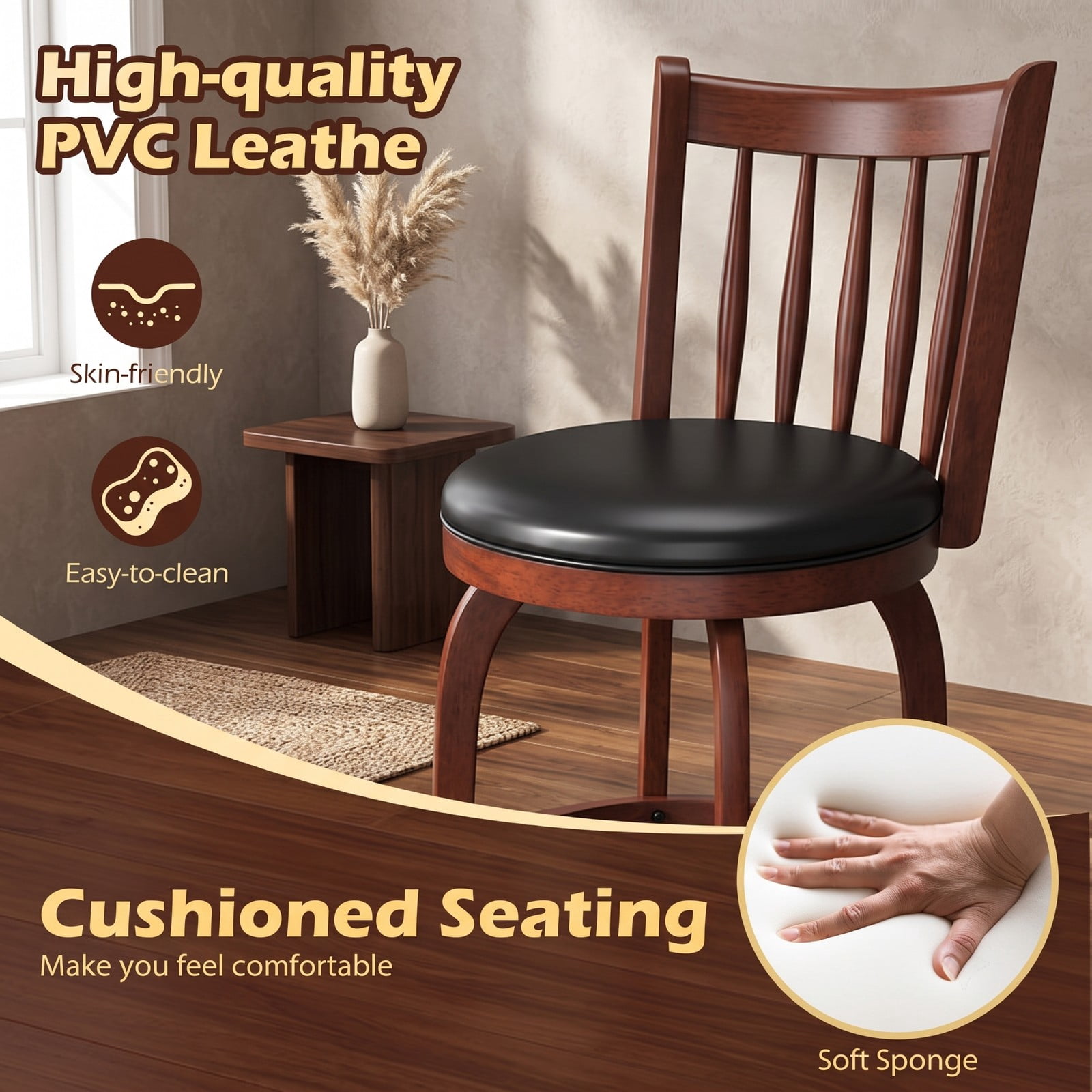 Furnibear Swivel Bar Stools Set of 2, 29 Inch Bar Height Faux Leather Upholstered Barstools with Curved Backrest and Footrest for Kitchen Island, Espresso and Black