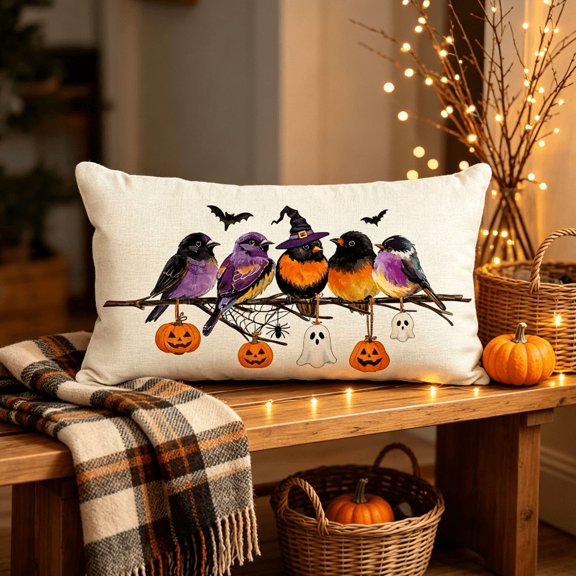 Halloween Pillow Covers 18x18 Inch Halloween Decorations Outdoor | Watercolor Birds,Waterproof,Spooky Ghost Pumpkin Bat Halloween Decor,Supplies Accessories for Home Couch Party Patio