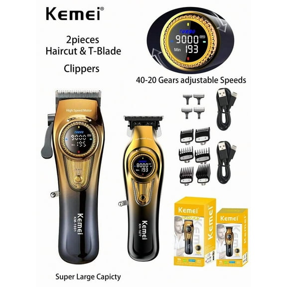 Kemei 2pieces Hair Clippers Professional Barber Clippers & Trimmer Set Adjustable Speeds Cordless Hair Clippers For Men