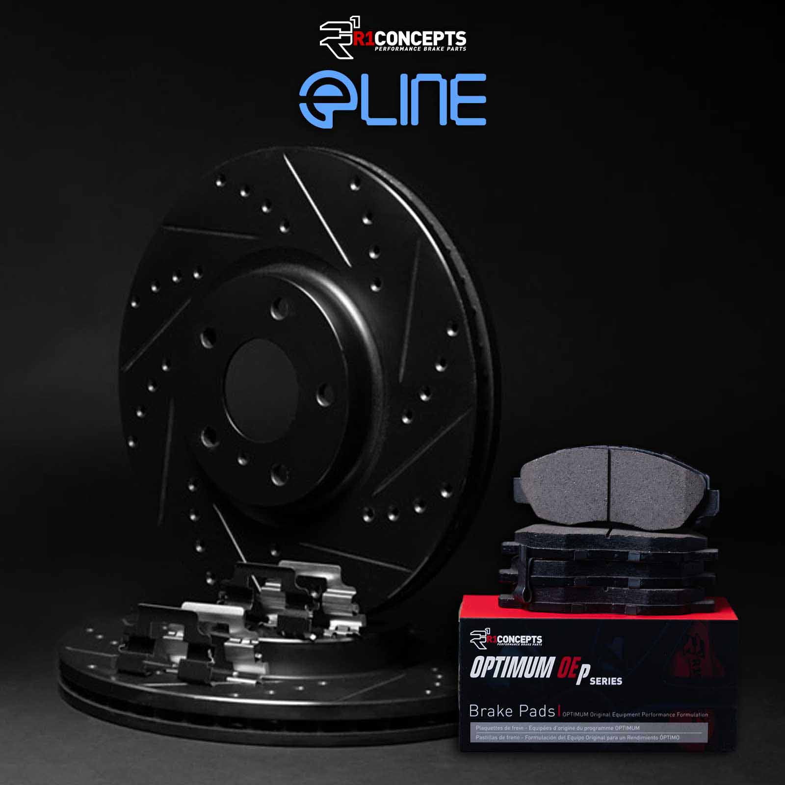 R1 Concepts Drilled and Slotted Black Disc Brake Rotor Set with Optimum Oe Pads and Hardware WHUH1-54377