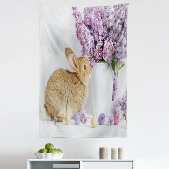 Easter Bunny Tapestry, Brown Easter Rabbit with Lilac Flowers Dyed Eggs Floral Innocent, Fabric Wall Hanging Decor for Bedroom Living Room Dorm, 5 Sizes, Multicolor, by Ambesonne