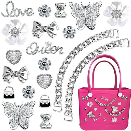 Style-Carry 20 Pcs Silver Plastic Charms Compatible with Bogg Bag, Butterfly, Heart, Flower and Chains for Bag Shoes Decoration