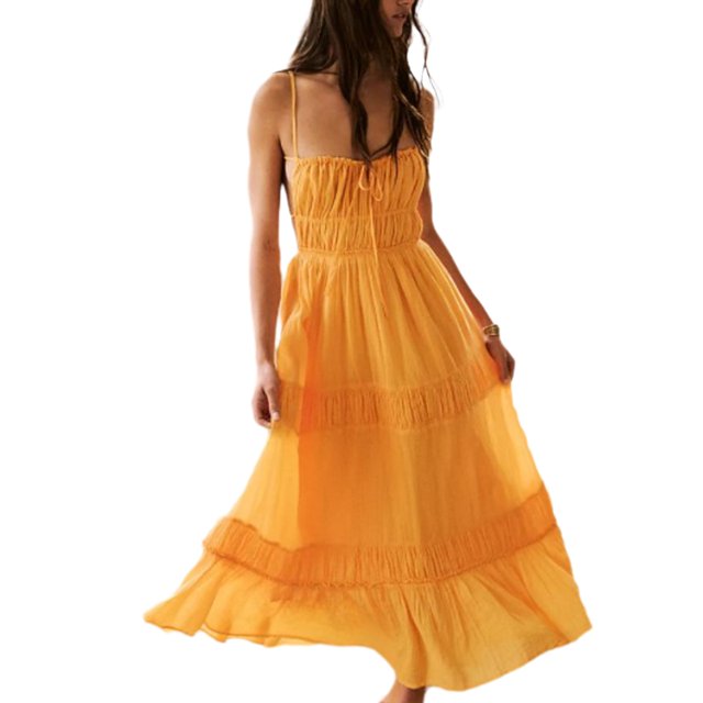 Gupgi Robe de Plage Dos Nu pour Femmes Sans Manches à Ourlet Volanté Robe Longue d'Été de Plage