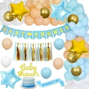 Baby Boy Shower Decorations, Blue Brown White Balloon Arch with Baby Shower Banner, Baby Blue White Gold Baby Shower Tassel Cake Topper, Mummy to Be Sash Star Foil Balloon for Gender Reveal Party