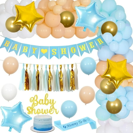 Baby Boy Shower Decorations, Blue Brown White Balloon Arch with Baby Shower Banner, Baby Blue White Gold Baby Shower Tassel Cake Topper, Mummy to Be Sash Star Foil Balloon for Gender Reveal Party