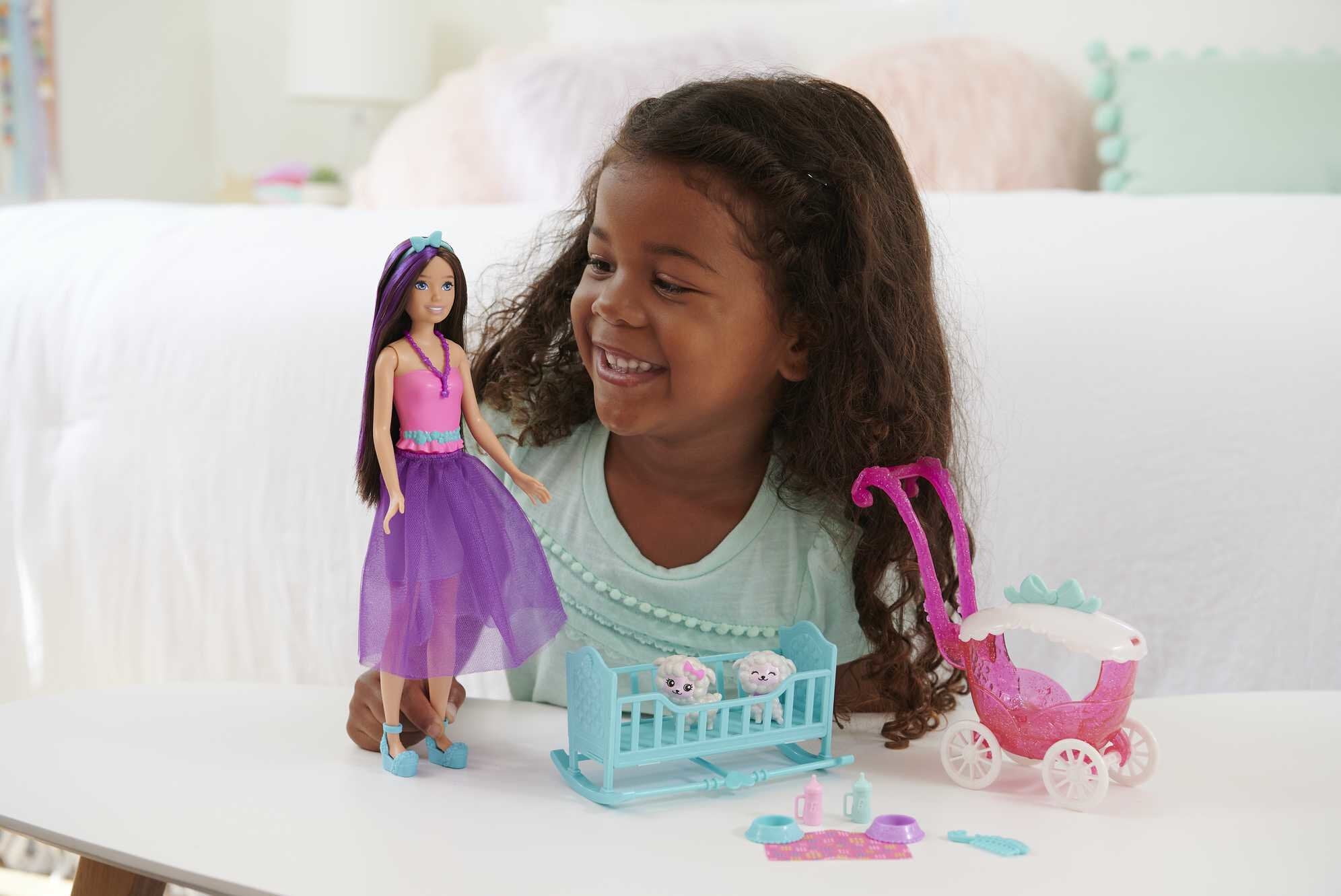 Barbie Skipper Doll with Fantasy Look, 2 Baby Lambs, Nurturing Accessories, Stroller and Crib