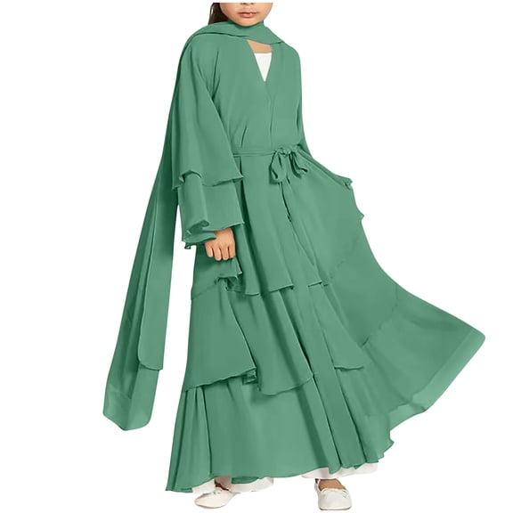 OGLCCG Girls Muslim Prayer Dress with Hijab Islamic Kids Traditional Eid Flowy Long Dresses Soft Pullover Abaya Clothes 5-14 Years
