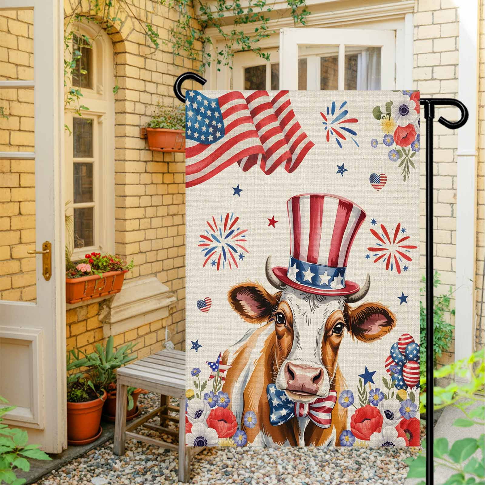 4th of July Garden Flags USA Flag Cow Garden Flag Double Sided Welcome Flag Stars Stripes Hat Fireworks Poppy Independence Day Yard Flags for Outdoor Lawn Porch Memorial Day Holiday Decor 28x40 Inch