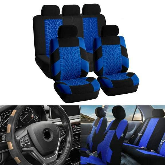 FH Group Blue Car Seat Covers for Car SUV with Beige Leather Steering Cover Complete Set