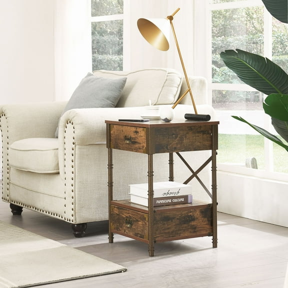 Javlergo Nightstand with 2-Drawer, Vintage End Side Table, Stable Frame, Brown
