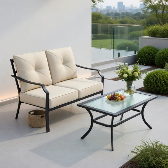 Resenkos 2 Pieces Patio Outdoor Cushioned Sofa Bench, Small Patio Conversation Furniture Set with Coffee Table-Beige