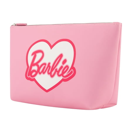 Barbie Women's Makeup Bag, Small Travel Cosmetic Zipper Pouch Organizer, Heart Logo, Pink