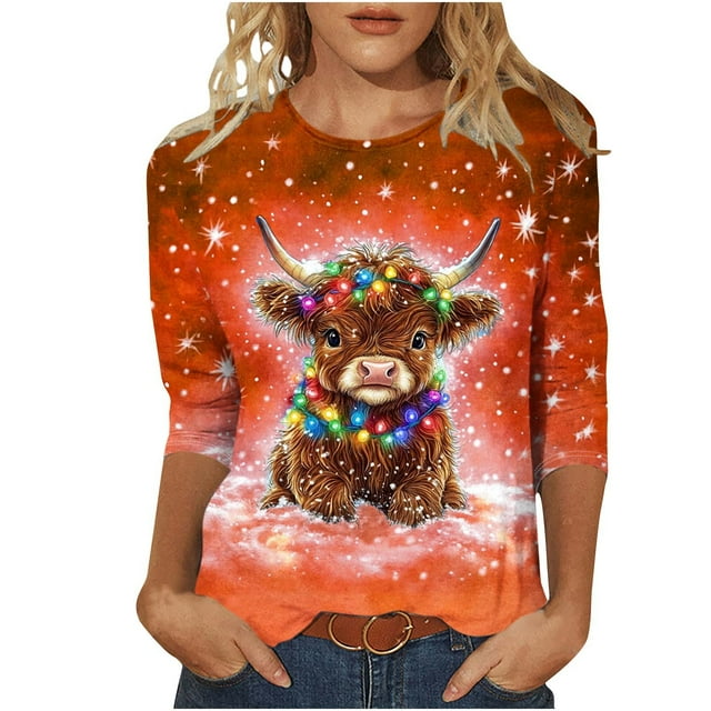 Staron Liquidation Femmes Hauts et Chemisiers à Manches 3/4 Tendance d'Été Tunique à Col Rond Hauts Animaux de Dessin Animé Hauts de Vacances Chemisiers Amples